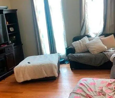 Before: the family room sofa, messy