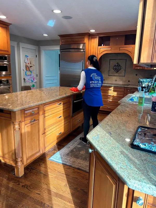 Bedigan cleaner wiping a granite kitchen counter