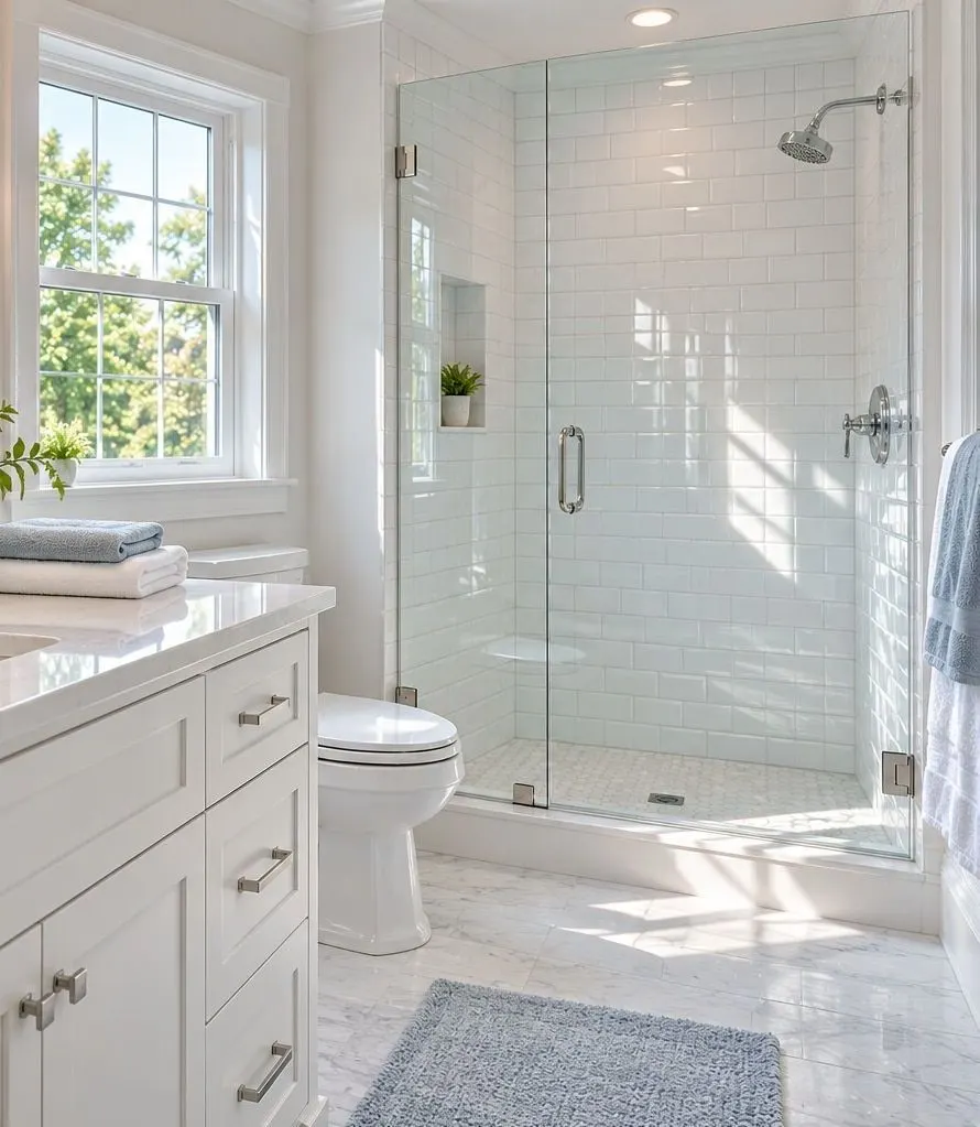 Bright bathroom with a streak-free glass shower and white tile after a deep cleaning