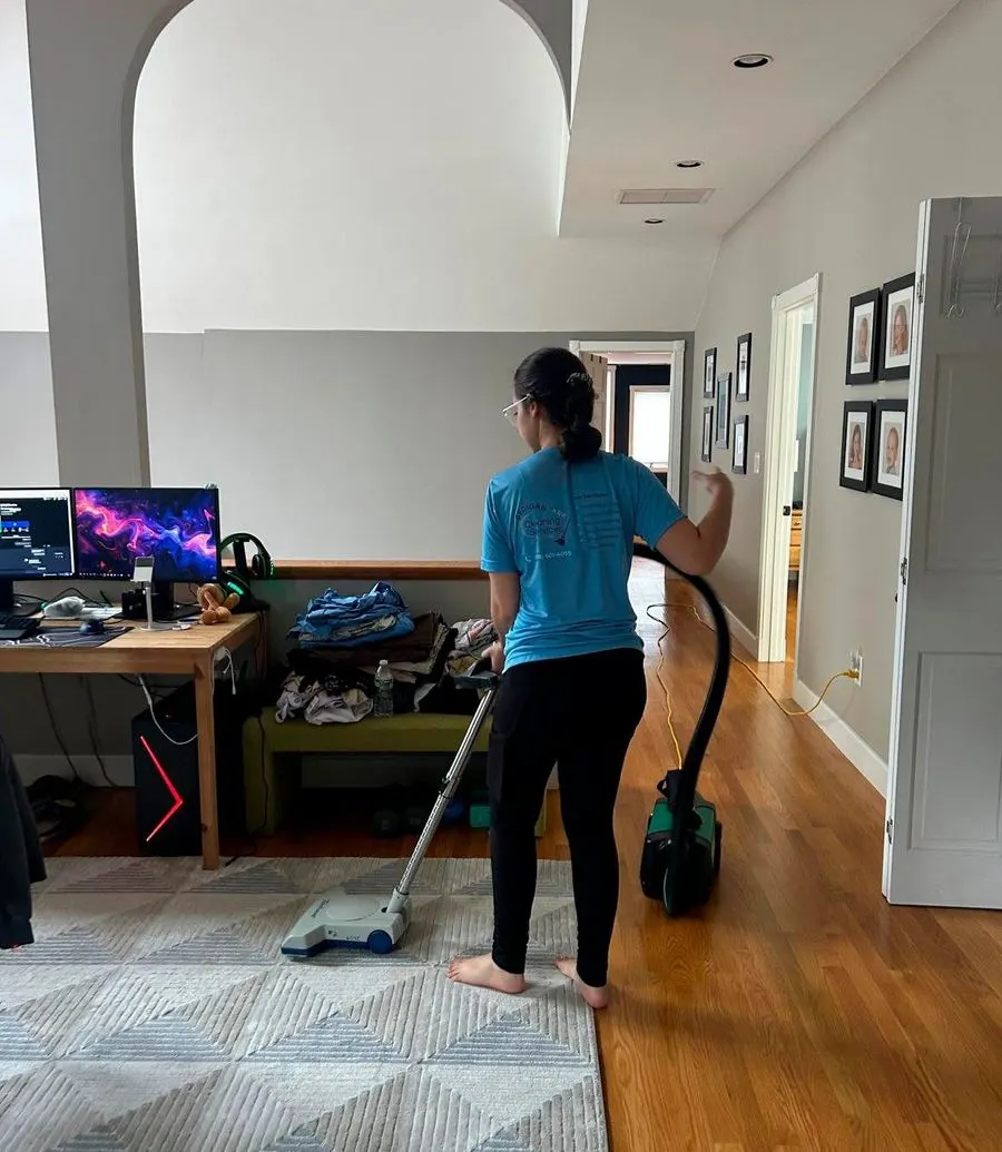 Bedigan cleaner vacuuming an office area with a desk and monitors