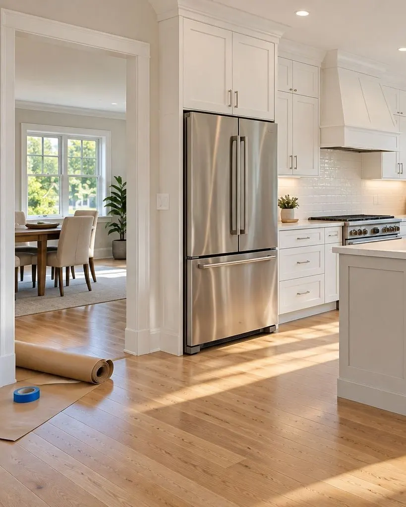 New kitchen with a gleaming floor and the builder's floor paper rolled up by the door