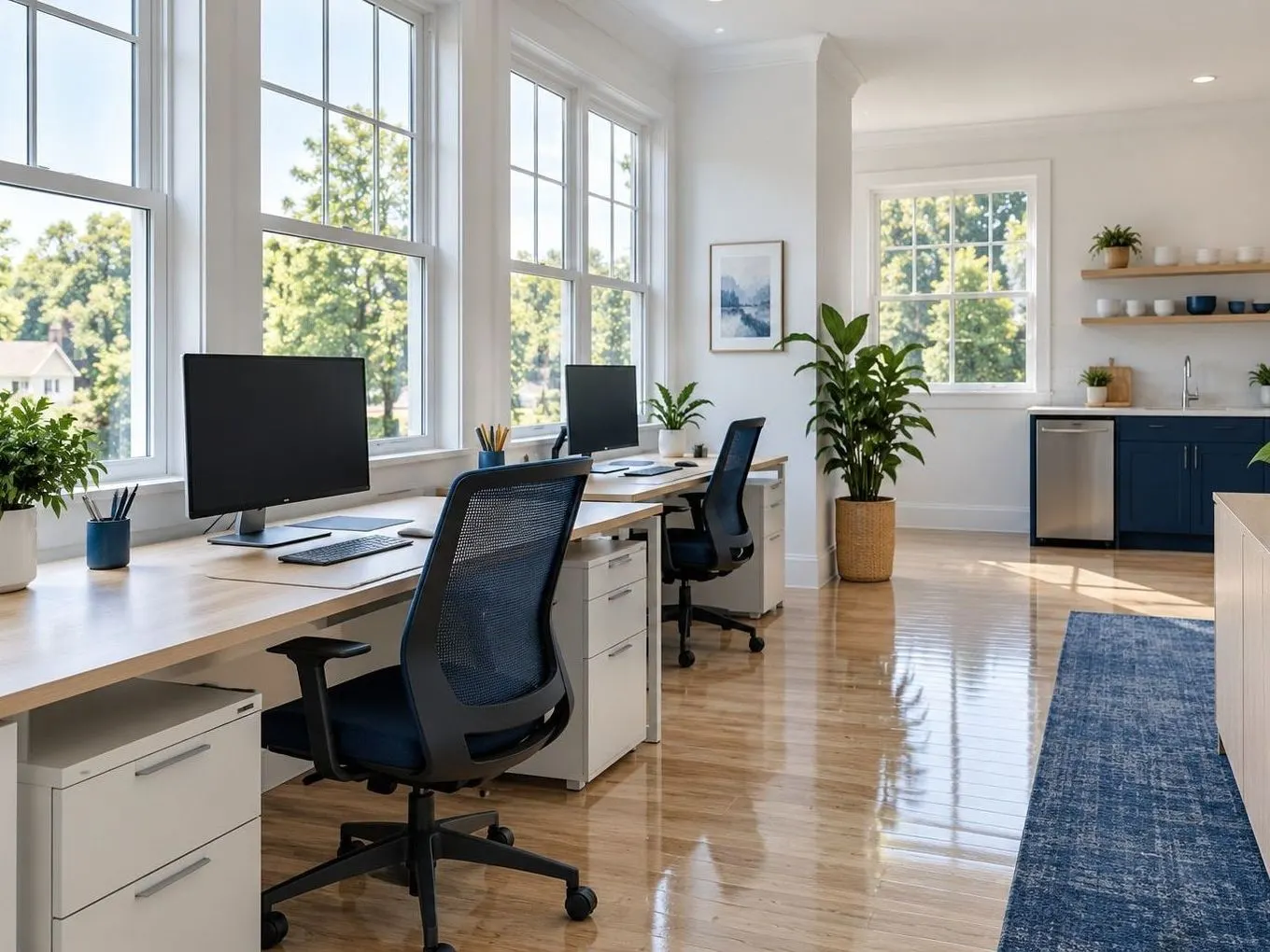 Bright small office with tidy desks, clean windows and a shining floor